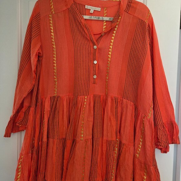 Lemonwood BOHO blouse with flared sleeve. Peplum.  Orange with gold. Size S - Picture 1 of 6